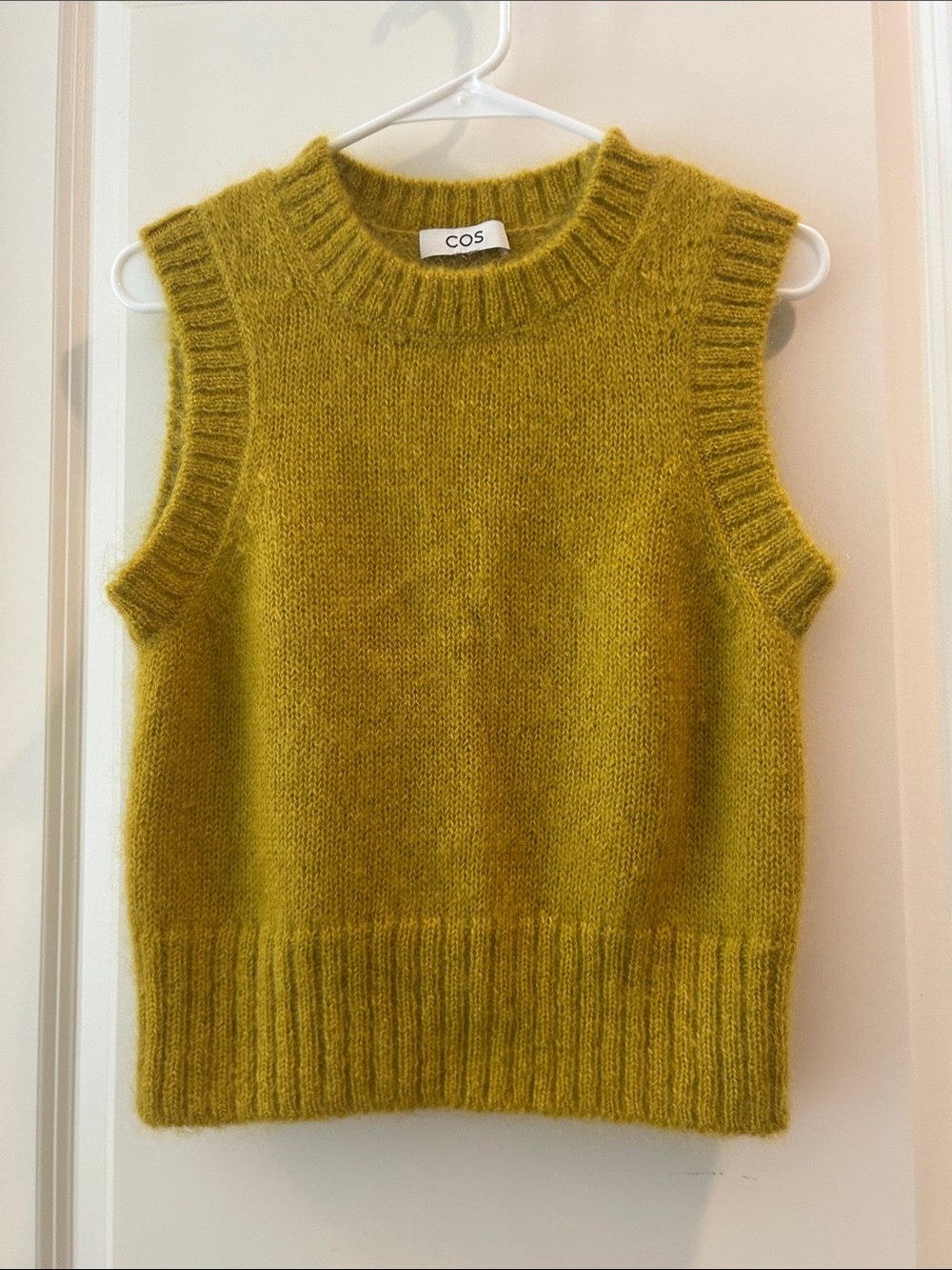 COS Sleeveless Mohair Wool Knit Sweater Vest Ribbed Trim Crew in Golden Mustard